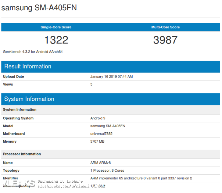 img Samsung Galaxy A40 com Exynos 7885 SoC e 4 GB de RAM visto no Geekbench