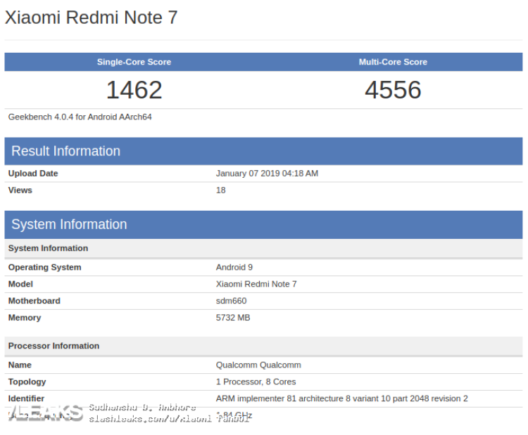 img Xiaomi Redmi Note 7 com Snapdragon 660 visto no Geekbench