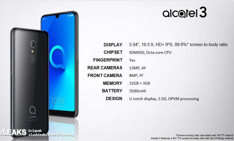 Alcatel 3 design + specs