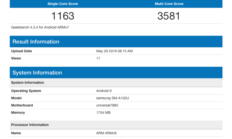 Galaxy A10e benchmarked with Exynos 7885 and 2GB RAM