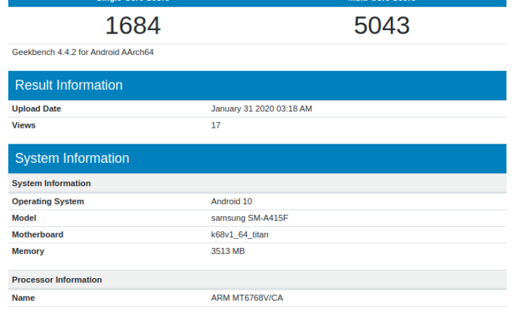Galaxy A41 visits Geekbench with MediaTek Helio P65 and 4GB RAM