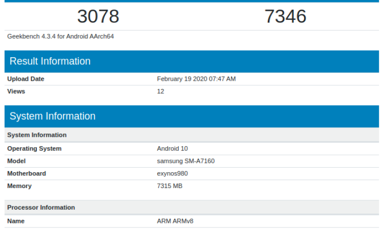 Galaxy A71 5G visits Geekbench with Exynos 980 and 8GB RAM