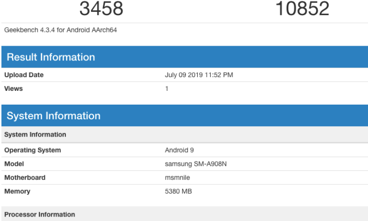 Galaxy A90 5G (SM-A908N) SDM855, 6GB RAM & Android 9 Geekbench