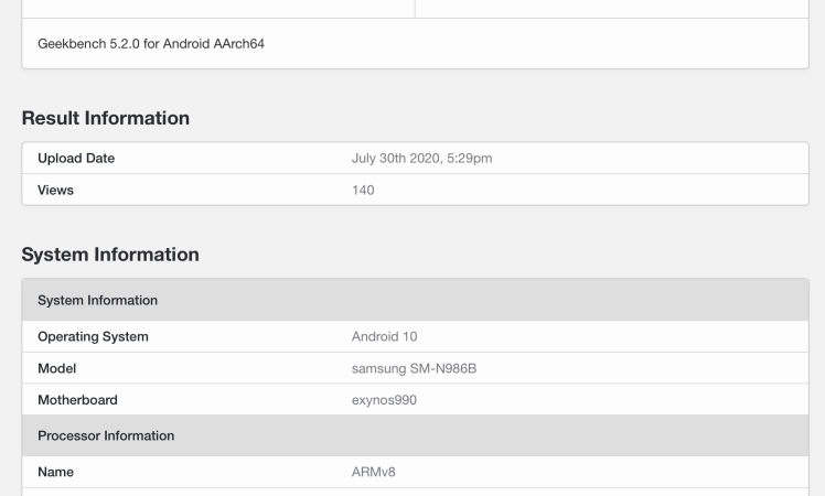 Galaxy Note20 Ultra spotted on Geekbench with Exynos 990 CPU