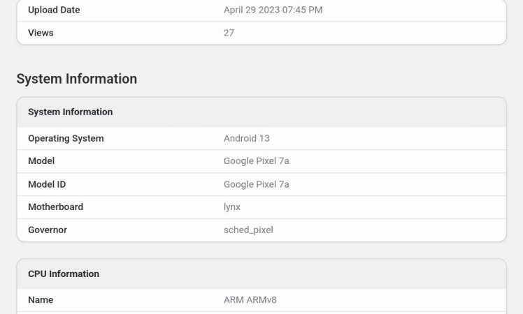 Google Pixel 7a listed on Geekbench database.