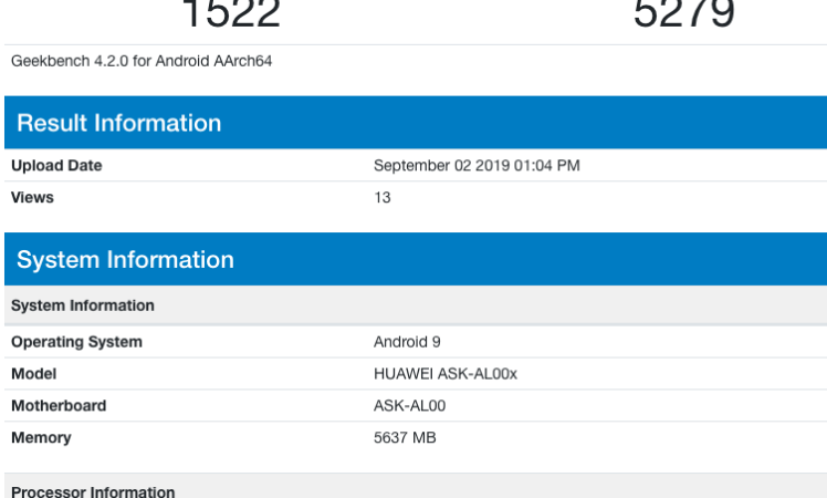 Honor ASK-AL00x 6GB RAM, Android 9 Geekbench