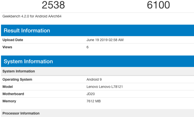 Lenovo Z6 (L78121) 8GB RAM & Android 9 Geekbench