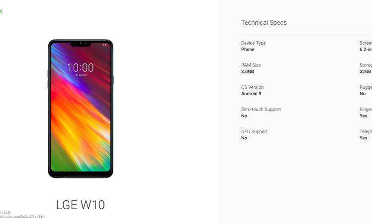 LG W10 listed on Android Enterprise Partners website with 6.2-inch display and 3GB RAM