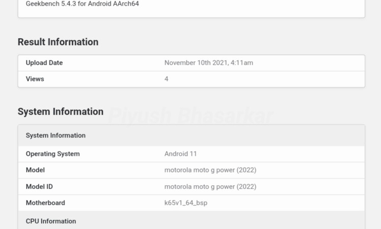 Moto G Power (2022) specifications Reviled via Geekbench listing