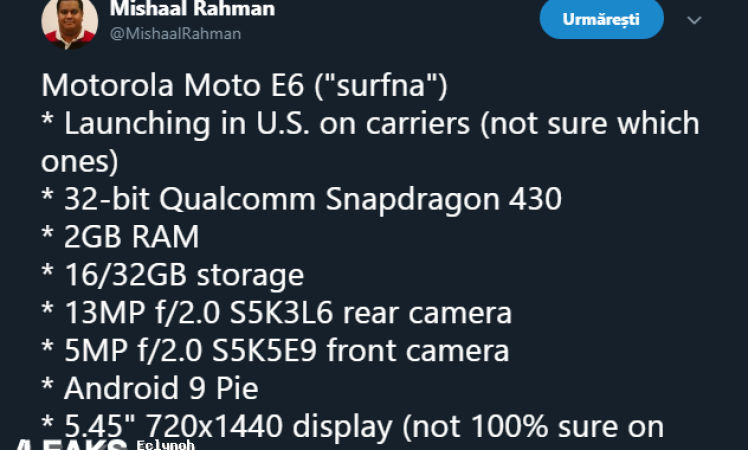Motorola Moto E6 Specifications Leaked