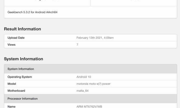 Motorola Moto E7 Power spotted on Geekbench with Helio P22 CPU and 4GB RAM