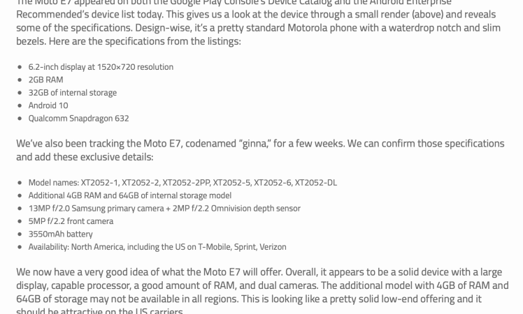 Motorola Moto E7 specs leaked