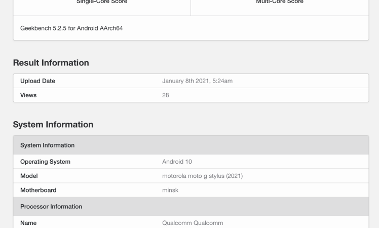 Motorola Moto G Stylus (2021) spotted on Geekbench with Snapdragon CPU and 4GB RAM