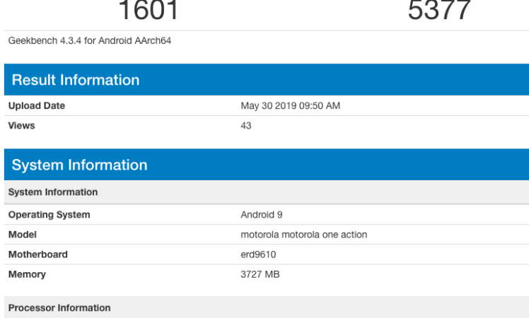 Motorola One Action Exynos 9609, 4GB RAM, Android 9 Geekbench