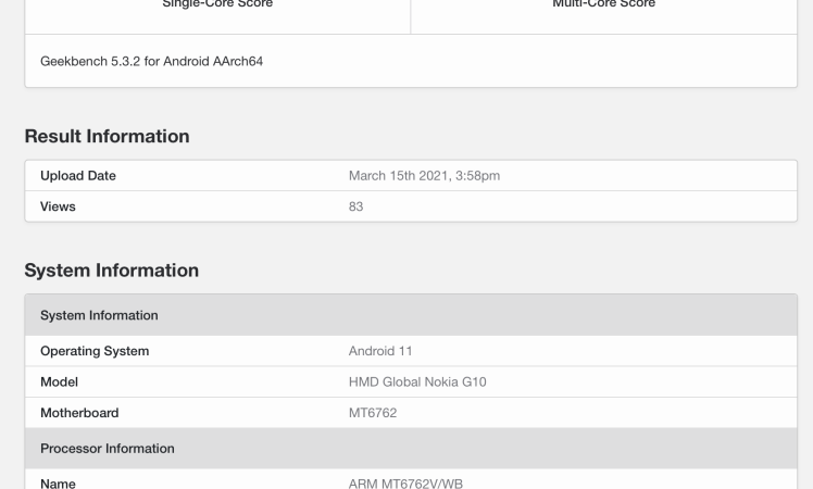 Nokia G10 spotted on Geekbench with Helio P22 CPU and 3GB RAM