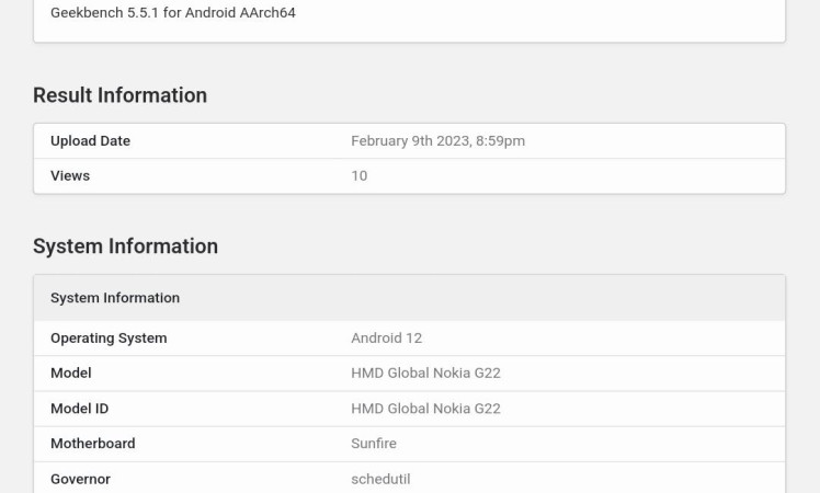 Nokia G22 is listed on Geekbench with 4GB Ram and UniSoC chipset.