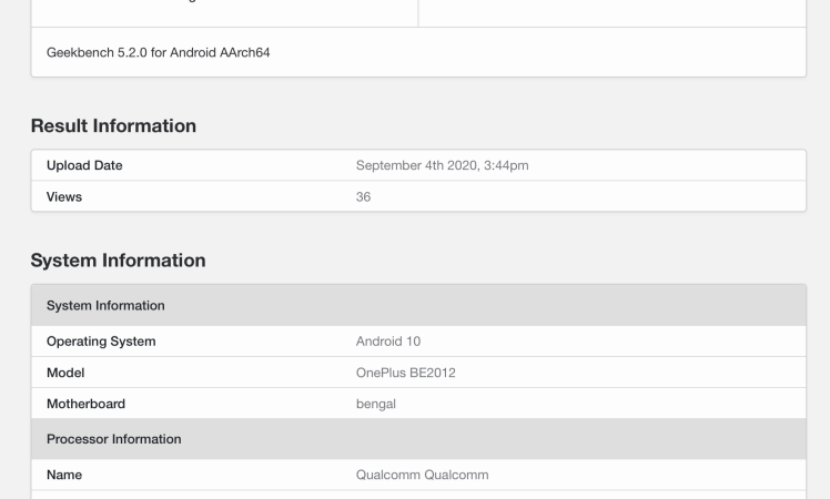 OnePlus BE2012 (Bengal) spotted on Geekbench with Snapdragon CPU and 4GB RAM