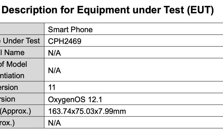 OnePlus CPH2469 / AA521 (OnePlus 10T?) dimensions and battery size leaked by FCC