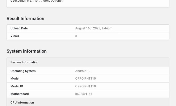 OPPO Find N3 Flip (PHT110) is listed on the Geekbench database.