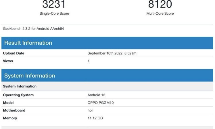 Oppo K10x (PGGM10) listed on Geekbench with Android 12 and Snapdragon 695.