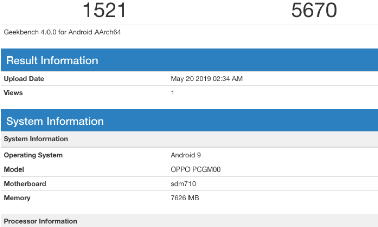 OPPO K3 SDM710, 8GB RAM, Android 9 on Geekbench
