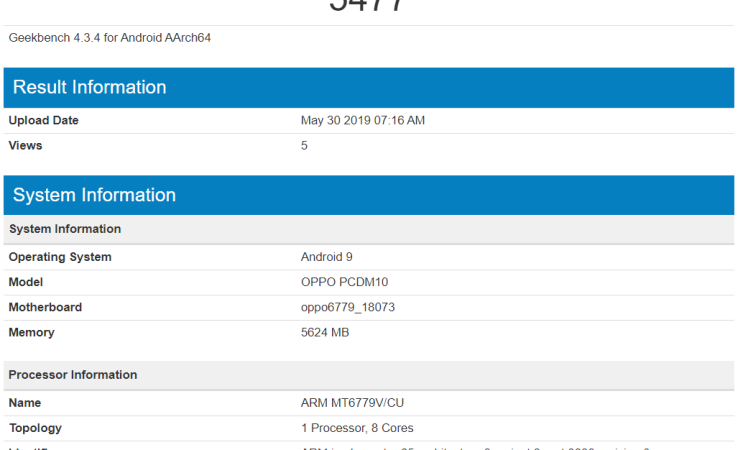 OPPO PCDM10 GETS BENCHMARKED WITH Mediatek Helio P90 and 6 GB RAM