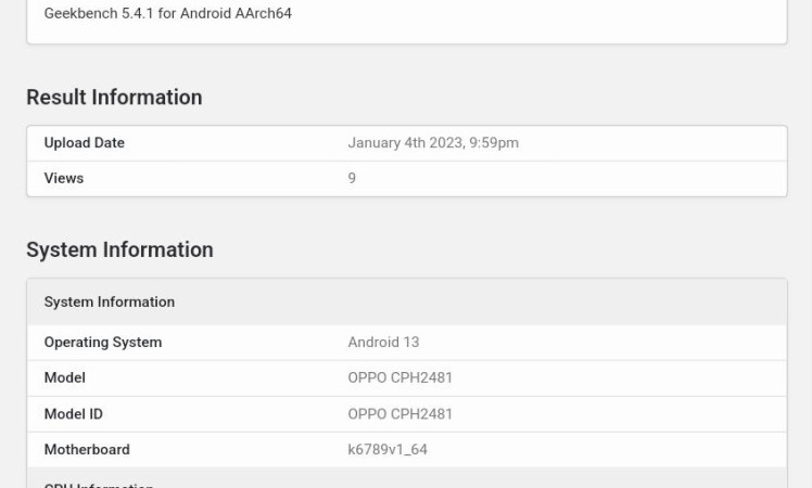 OPPO Reno 8T [CPH2481] is listed on Geekbench database.