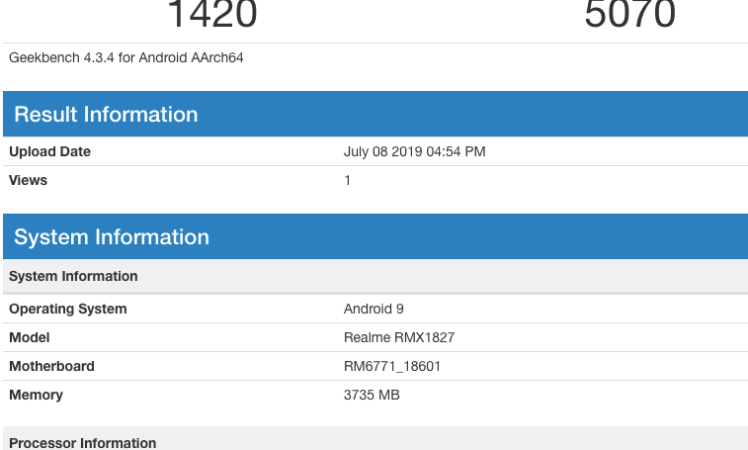 Realme 3i (RMX1827) Helio P60, 4GB RAM & Android 9 Geekbench