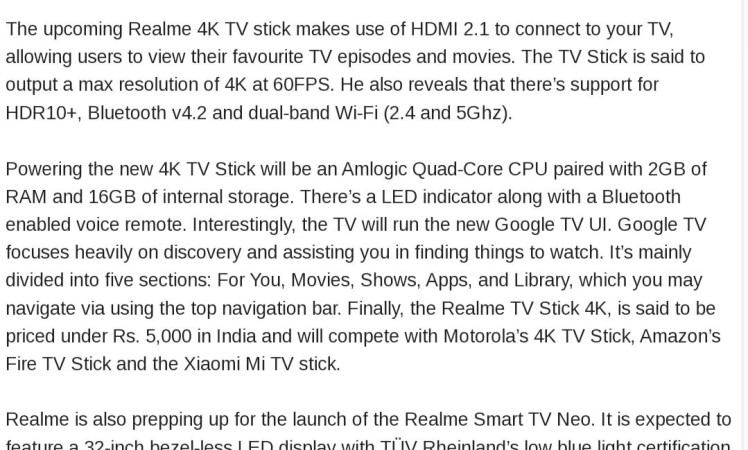 Realme 4K TV Stick Specifications and Pricing Reviled A