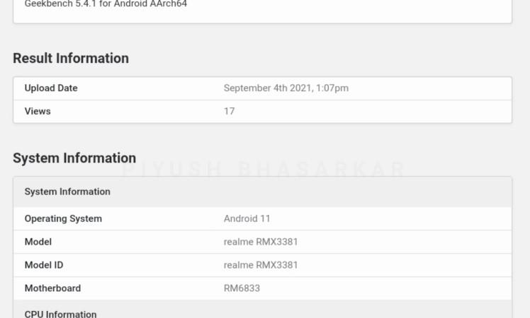 Realme 8s (RMX3381) Specifications reviled via Geekbench