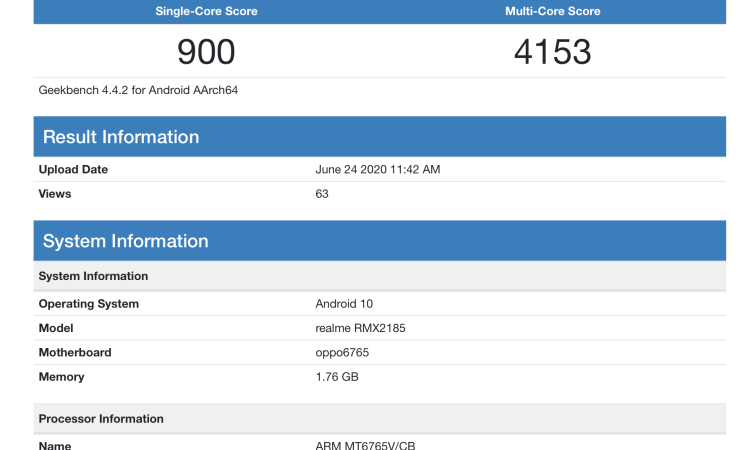 Realme C11 spotted on Geekbench with 8x2.30GHz CPU and 2GB RAM