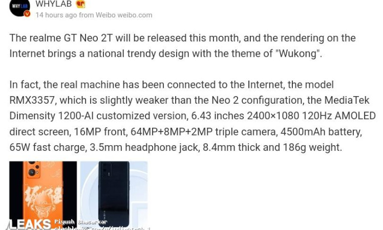 Realme GT Neo 2T first look via Render's and specifications leaked by tipster on Weibo