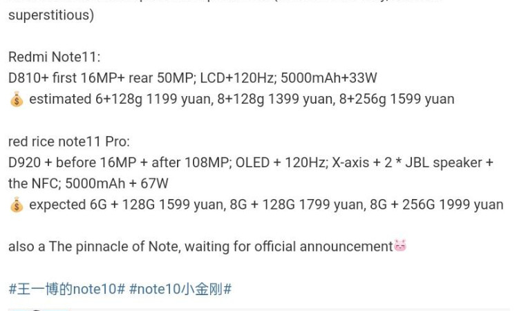Redmi note 11 and note 11 Pro specifications by tipster on Weibo