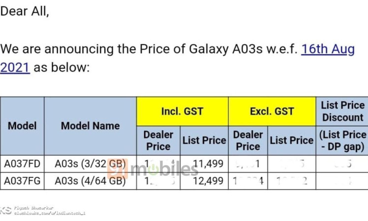 Samsung Galaxy A03s price in India leaked ahead of the launch