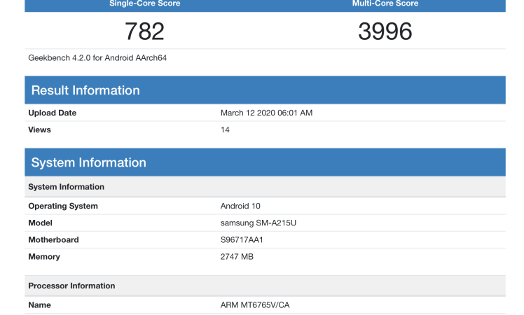 Samsung Galaxy A21 spotted on Geekbench with 3GB RAM