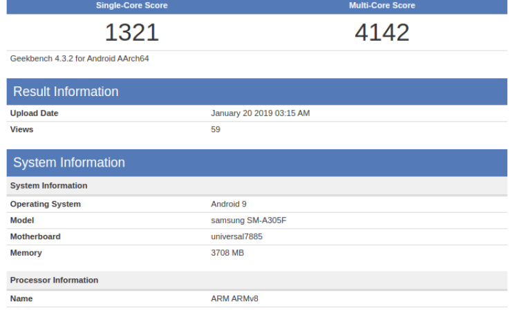 Samsung Galaxy A30 spotted on Geekbench with Exynos 7885 SoC and 4GB RAM