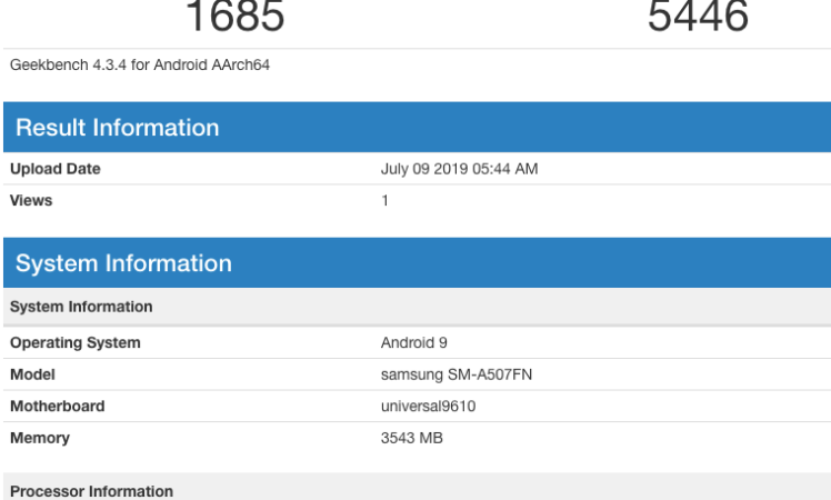 Samsung Galaxy A50s (SM-A507FN) Exynos 9610, 4GB RAM & Android 9 Geekbench