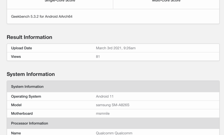 Samsung Galaxy A82 5G spotted on Geekbench with Snapdragon CPU and 6GB RAM