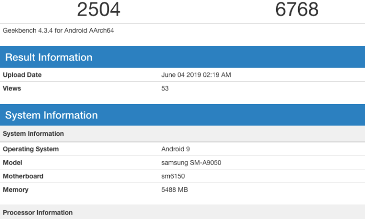 Samsung Galaxy A90 (SM-A9050) Snapdragon 675, 6GB RAM & Android 9 Geekbench