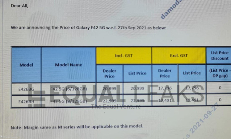 Samsung Galaxy F42 5G retail price leaked by @EqualLeaks