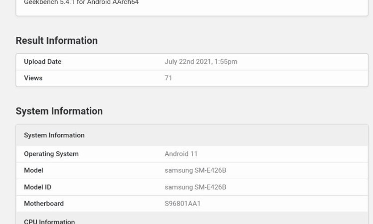 Samsung galaxy F42 5G specifications Reviled via Geekbench listing