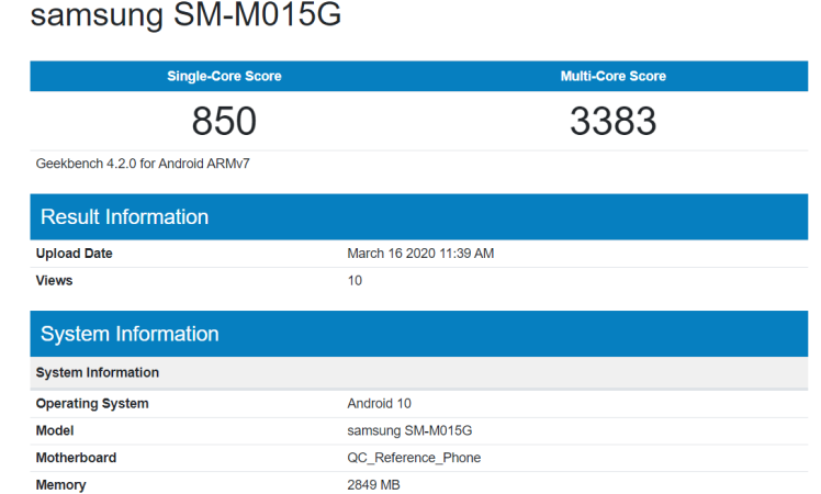 Samsung Galaxy M01 3gb ram Geekbench Runmark Leaks