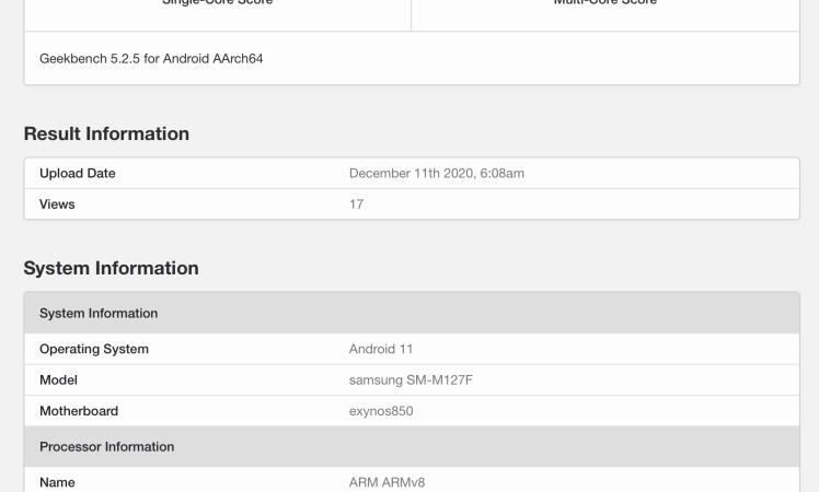 Samsung Galaxy M12 spotted on Geekbench with Exynos 850 CPU and 3GB RAM