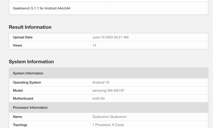 Samsung Galaxy M51 spotted on Geekbench with Snapdragon 675 CPU and 8GB RAM
