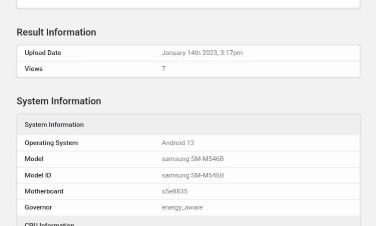 Samsung Galaxy M54 5G (SM-M546B) is listed on Geekbench database with 8GB Ram