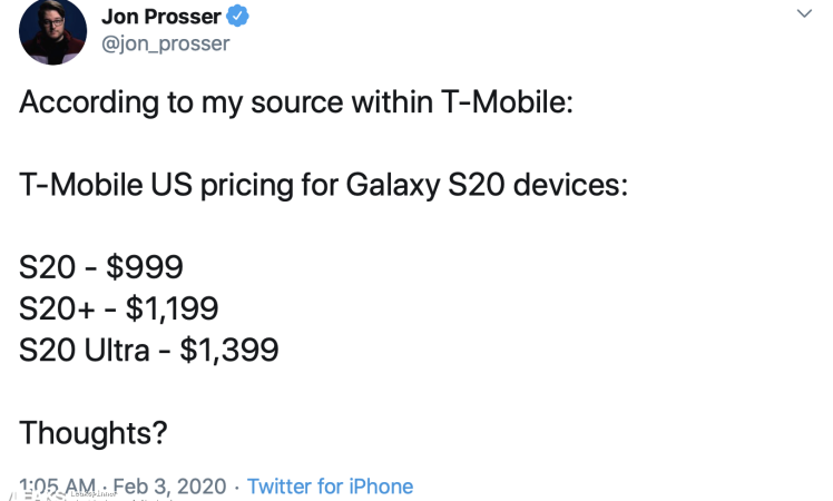 Samsung Galaxy S20 Series pricing (T-Mobile US) leaked