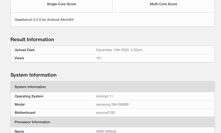 Samsung Galaxy S21 Ultra spotted on Geekbench with Exynos 2100 CPU and 12GB RAM