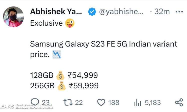 Samsung Galaxy S23 FE 5G Price leaked for Indian market.