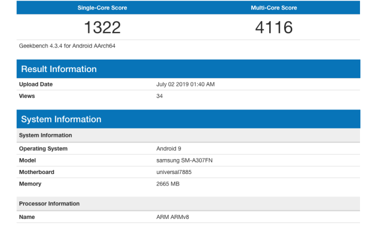 Samsung SM-A307FN Spotted on Geekbench