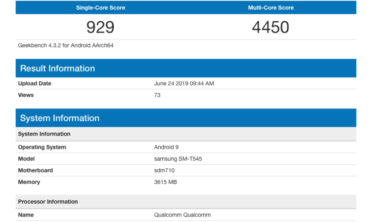 Samsung SM-T545 tablet gets benchmarked with Snapdragon 710 and 4GB RAM